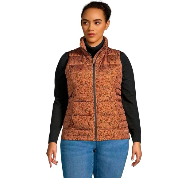 Lands’ End Down Puffer Vest Caramel Leopard Print Like New - Picture 6 of 16